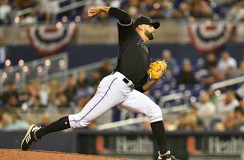 MIAMI, FL – MARCH 30: Nick Anderson #70 of the Miami Marlins pitches in the eighth inning against the Colorado Rockies at Marlins Park on March 30, 2019 in Miami, Florida. (Photo by Mark Brown/Getty Images)