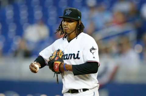 MIAMI, FLORIDA – APRIL 02: Jose Urena #62 of the Miami Marlins reacts after giving up a run in the first inning against the New York Mets at Marlins Park on April 02, 2019 in Miami, Florida. (Photo by Michael Reaves/Getty Images)