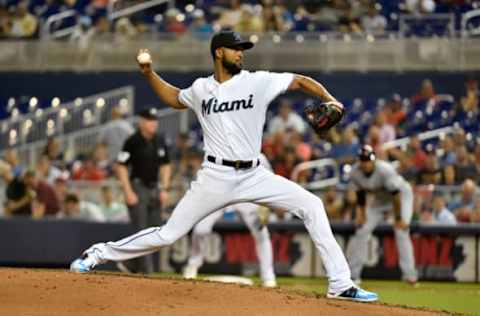 MIAMI, FL – APRIL 30: Sandy Alcantara #22 of the Miami Marlins throws a pitch during the game against the Cleveland Indians at Marlins Park on April 30, 2019 in Miami, Florida. (Photo by Eric Espada/Getty Images)