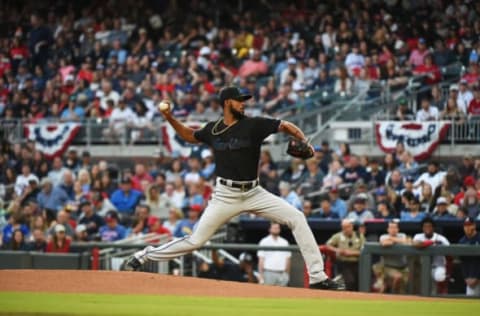 ATLANTA, GEORGIA – APRIL 06: Sandy Alcantara #22 of the Miami Marlins pitches in the second inning against the Atlanta Braves at SunTrust on April 06, 2019 in Atlanta, Georgia. (Photo by Logan Riely/Getty Images)