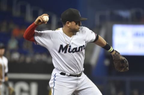 MIAMI, FL – MAY 05: Martin Prado #14 of the Miami Marlinsthrows towards first base after fielding a ground ball in the third inning against the Atlanta Braves at Marlins Park on May 5, 2019 in Miami, Florida. (Photo by Eric Espada/Getty Images)