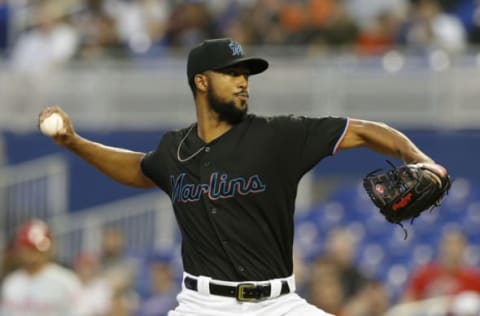 MIAMI, FLORIDA – APRIL 12: Sandy Alcantara #22 of the Miami Marlins delivers a pitch in the second inning against the Philadelphia Phillies at Marlins Park on April 12, 2019 in Miami, Florida. (Photo by Michael Reaves/Getty Images)