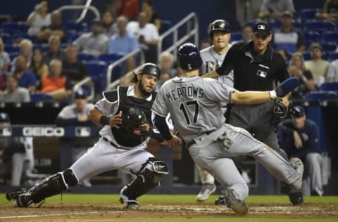 MIAMI, FL – MAY 15: Jorge Alfaro #38 of the Miami Marlins tags out Austin Meadows #17 of the Tampa Bay Rays. (Photo by Eric Espada/Getty Images)