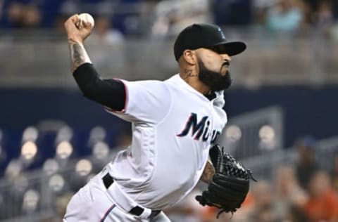 MIAMI, FL – MAY 29: Sergio Romo #54 of the Miami Marlins throws a pitch in the ninth inning against the San Francisco Giants at Marlins Park on May 29, 2019 in Miami, Florida. (Photo by Mark Brown/Getty Images)