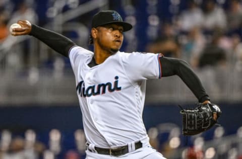 MIAMI, FL – JUNE 11: Elieser Hernandez #57 of the Miami Marlins delivers a pitch in the first inning against the St. Louis Cardinals at Marlins Park on June 11, 2019 in Miami, Florida. (Photo by Mark Brown/Getty Images)