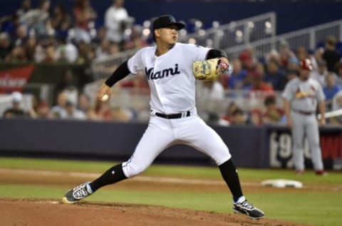 MIAMI, FL – JUNE 12: Jordan Yamamoto #50 of the Miami Marlins throws a pitch during the second inning against the St. Louis Cardinals at Marlins Park on June 12, 2019 in Miami, Florida. (Photo by Eric Espada/Getty Images)