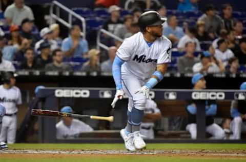 MIAMI, FL – JUNE 16: Harold Ramirez #47 of the Miami Marlins hits a three run home run in the fourth inning against the Pittsburgh Pirates at Marlins Park on June 16, 2019 in Miami, Florida. (Photo by Eric Espada/Getty Images)