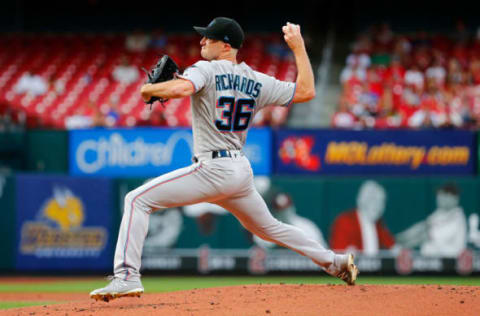 ST LOUIS, MO – JUNE 19: Trevor Richards #36 of the Miami Marlins delivers a pitch against the St. Louis Cardinals in the first inning at Busch Stadium on June 19, 2019 in St Louis, Missouri. (Photo by Dilip Vishwanat/Getty Images)