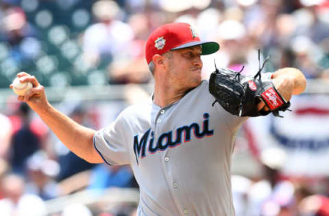 ATLANTA, GA – JULY 7: Trevor Richards #36 of the Miami Marlins throws a third inning pitch against the Atlanta Braves at SunTrust Park on July 7, 2019 in Atlanta, Georgia. (Photo by Scott Cunningham/Getty Images)