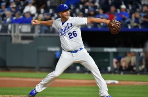 KANSAS CITY, MISSOURI – JUNE 12: Relief pitcher Brad Boxberger #26 of the Kansas City Royals. (Photo by Ed Zurga/Getty Images)