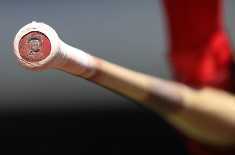 WASHINGTON, DC – JUNE 19: A detailed view of the bat of Bryce Harper #3 of the Philadelphia Phillies. (Photo by Patrick Smith/Getty Images)