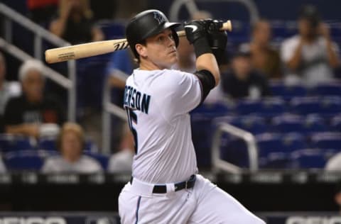 MIAMI, FL – JULY 29: Brian Anderson #15 of the Miami Marlins singles in the seventh inning against the Arizona Diamondbacks at Marlins Park on July 29, 2019 in Miami, Florida. (Photo by Mark Brown/Getty Images)