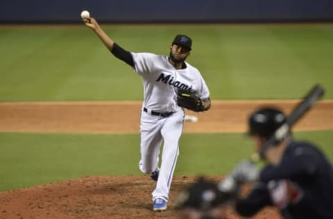 MIAMI, FL – AUGUST 08: Tayron Guerrero #56 of the Miami Marlins throws a pitch in the ninth inning against the Atlanta Braves at Marlins Park on August 8, 2019 in Miami, Florida. (Photo by Eric Espada/Getty Images)