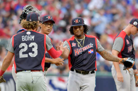 CLEVELAND, OHIO – JULY 07: Alec Bohm #23 celebrates with pitcher Sixto Sanchez. (Photo by Jason Miller/Getty Images)