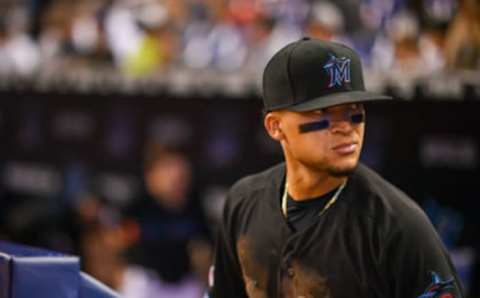 MIAMI, FL – AUGUST 10: Isan Diaz #1 of the Miami Marlins takes the field in the first inning against the Atlanta Braves at Marlins Park on August 10, 2019, in Miami, Florida. (Photo by Mark Brown/Getty Images)