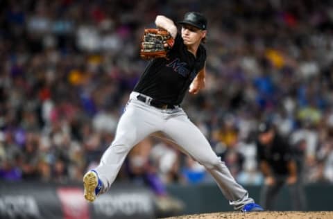 DENVER, CO – AUGUST 17: Adam Conley #61 of the Miami Marlins pitches against the Colorado Rockies at Coors Field on August 17, 2019 in Denver, Colorado. (Photo by Dustin Bradford/Getty Images)