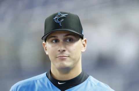 MIAMI, FLORIDA – JULY 12: First round draft pick J.J. Bleday of the Miami Marlins. (Photo by Michael Reaves/Getty Images)