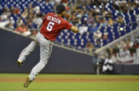 MIAMI, FL – SEPTEMBER 22: Anthony Rendon #6 of the Washington Nationals throws towards first base during the second inning against the Miami Marlins at Marlins Park on September 22, 2019 in Miami, Florida. (Photo by Eric Espada/Getty Images)