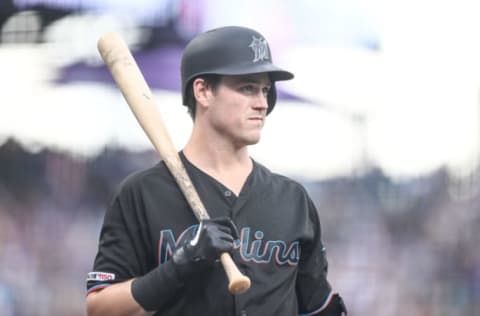 DENVER, CO – AUGUST 17: Brian Anderson #15 of the Miami Marlins stands in the on deck circle before batting against the Colorado Rockies at Coors Field on August 17, 2019 in Denver, Colorado. (Photo by Dustin Bradford/Getty Images)