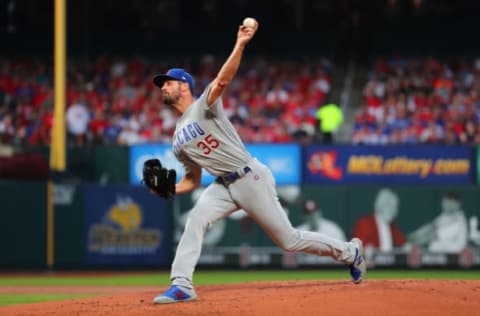 ST LOUIS, MO – SEPTEMBER 28: Cole Hamels #35 of the Chicago Cubs delivers a pitch against the St. Louis Cardinals in the first inning at Busch Stadium on September 28, 2019 in St Louis, Missouri. (Photo by Dilip Vishwanat/Getty Images)