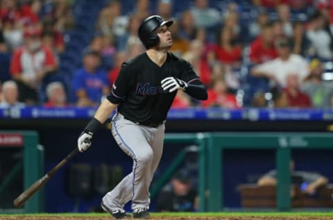 PHILADELPHIA, PA – SEPTEMBER 28: Neil Walker #18 of the Miami Marlins hits a two-run home run against the Philadelphia Phillies during the eighth inning of a game at Citizens Bank Park on September 28, 2019 in Philadelphia, Pennsylvania. The Phillies defeated the Marlins 9-3. (Photo by Rich Schultz/Getty Images)