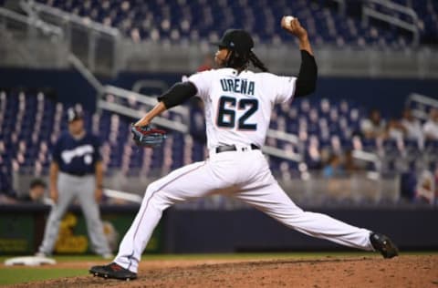 MIAMI, FLORIDA – SEPTEMBER 09: Jose Urena #62 of the Miami Marlins delivers a pitch in the ninth inning against the Milwaukee Brewers at Marlins Park on September 09, 2019 in Miami, Florida. (Photo by Mark Brown/Getty Images)