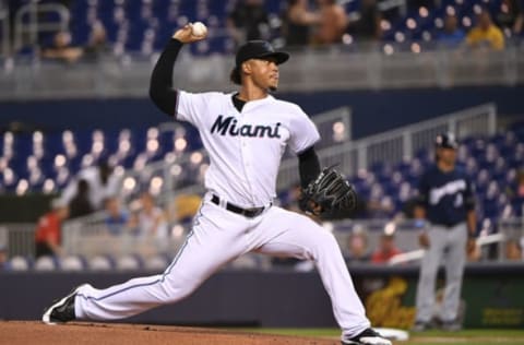 MIAMI, FLORIDA – SEPTEMBER 10: Elieser Hernandez #57 of the Miami Marlins delivers a pitch in the first inning against the Milwaukee Brewers at Marlins Park on September 10, 2019 in Miami, Florida. (Photo by Mark Brown/Getty Images)