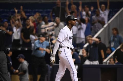 MIAMI, FLORIDA – SEPTEMBER 10: Lewis Brinson #9 of the Miami Marlins. (Photo by Mark Brown/Getty Images)