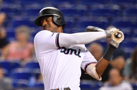 MIAMI, FL – SEPTEMBER 12: Lewis Brinson #9 of the Miami Marlins. (Photo by Mark Brown/Getty Images)