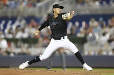 MIAMI, FLORIDA – SEPTEMBER 21: Jordan Yamamoto #50 of the Miami Marlins delivers a pitch against the Washington Nationals during the second inning at Marlins Park on September 21, 2019 in Miami, Florida. (Photo by Michael Reaves/Getty Images)