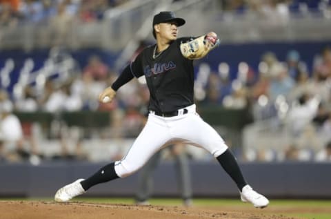 MIAMI, FLORIDA – SEPTEMBER 21: Jordan Yamamoto #50 of the Miami Marlins. (Photo by Michael Reaves/Getty Images)