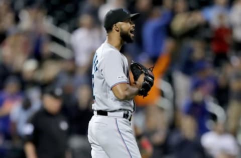 NEW YORK, NEW YORK – SEPTEMBER 24: Sandy Alcantara #22 of the Miami Marlins reacts after giving up a two run home run to Michael Conforto of the New York Mets in the seventh inning at Citi Field on September 24, 2019 in the Flushing neighborhood of the Queens borough of New York City. (Photo by Elsa/Getty Images)