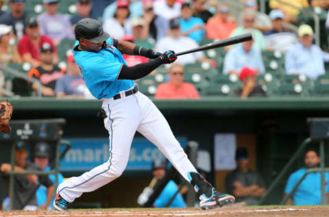 JUPITER, FL – MARCH 10: Lewis Brinson #25 of the Miami Marlins is five-for-nine on April 2. (Photo by Rich Schultz/Getty Images)