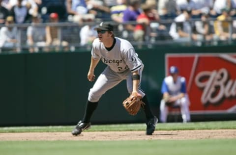 Joe Crede of the Chicago White Sox watches home plate against the Kansas City Royals at Kauffman Stadium in Kansas City, Mo. on July 27, 2005. The Royals won 6-5 in 13 innings. (Photo by G. N. Lowrance/Getty Images)