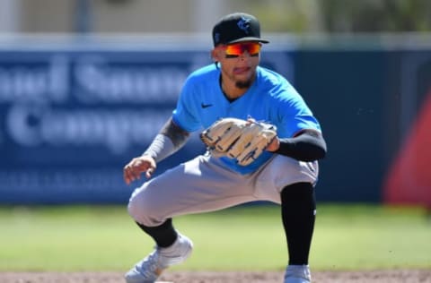 DUNEDIN, FLORIDA – FEBRUARY 29: Isan Diaz #1 of the Miami Marlins in action during the spring training game against the Baltimore Orioles at Ed Smith Stadium on February 29, 2020 in Sarasota, Florida. (Photo by Mark Brown/Getty Images)