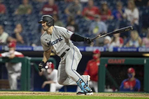 Outfielder Adam Duvall of the Miami Marlins (Photo by Mitchell Leff/Getty Images)