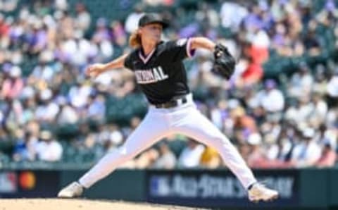 DENVER, CO – JULY 11: Max Meyer #12 of National League Futures Team pitches against the National League Futures Team at Coors Field on July 11, 2021 in Denver, Colorado.(Photo by Dustin Bradford/Getty Images)