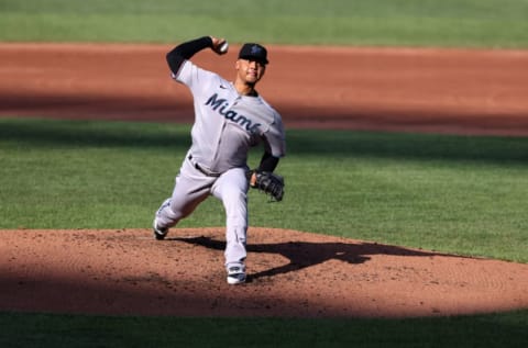 BALTIMORE, MARYLAND – AUGUST 05: Starting pitcher Elieser Hernandez #57 of the Miami Marlins. (Photo by Rob Carr/Getty Images)