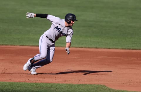 BALTIMORE, MARYLAND – AUGUST 05: Matt Joyce #7 of the Miami Marlins. (Photo by Rob Carr/Getty Images)