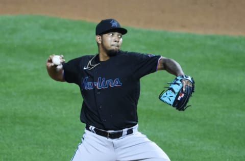 NEW YORK, NEW YORK – AUGUST 07: Humberto Mejia #77 of the Miami Marlins. (Photo by Al Bello/Getty Images)