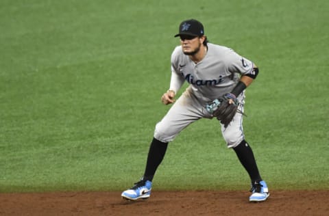 ST PETERSBURG, FLORIDA - SEPTEMBER 04: Miguel Rojas #19 of the Miami Marlins awaits the play during the fifth inning against the Tampa Bay Rays at Tropicana Field on September 04, 2020 in St Petersburg, Florida. (Photo by Douglas P. DeFelice/Getty Images)