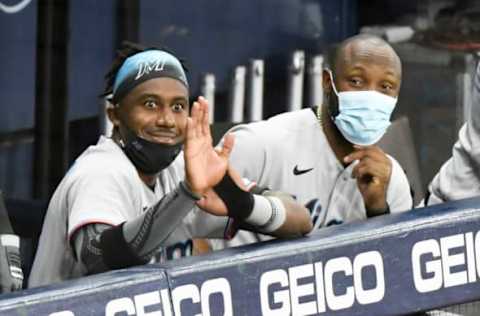 ST PETERSBURG, FLORIDA – SEPTEMBER 04: Lewis Brinson #25 of the Miami Marlins reacts during the sixth inning against the Tampa Bay Rays at Tropicana Field on September 04, 2020 in St Petersburg, Florida. (Photo by Douglas P. DeFelice/Getty Images)