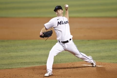 Staring Pitcher Braxton Garrett of the Miami Marlins (Photo by Michael Reaves/Getty Images)