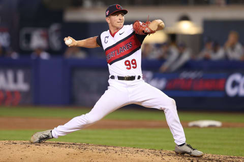 Cleveland Guardians relief pitcher James Karinchak (Photo by Patrick Smith/Getty Images)