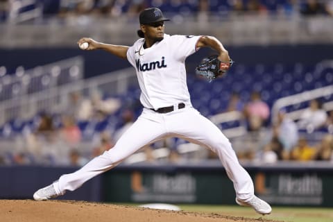 MIAMI, FLORIDA – AUGUST 25: Edward Cabrera #79 of the Miami Marlins delivers a pitch against the Washington Nationals at loanDepot park on August 25, 2021 in Miami, Florida. (Photo by Michael Reaves/Getty Images)