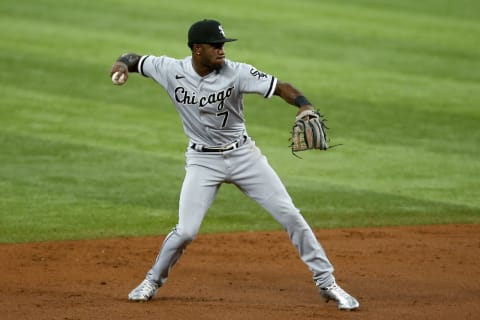 ARLINGTON, TEXAS – AUGUST 06: Tim Anderson #7 of the Chicago White Sox throws to first base in the third inning against the Texas Rangers at Globe Life Field on August 06, 2022 in Arlington, Texas. (Photo by Tim Heitman/Getty Images)