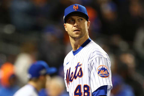 NEW YORK, NEW YORK – OCTOBER 08: Jacob deGrom #48 of the New York Mets walks out of the fourth inning against the San Diego Padres in game two of the Wild Card Series at Citi Field on October 08, 2022 in New York City. (Photo by Elsa/Getty Images)