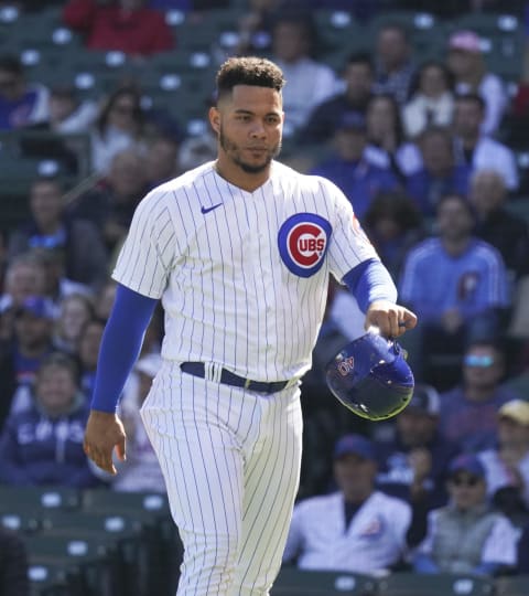 CHICAGO, ILLINOIS – SEPTEMBER 29: Willson Contreras #40 of the Chicago Cubs reacts after being tagged out during a game against the Philadelphia Phillies at Wrigley Field on September 29, 2022 in Chicago, Illinois. (Photo by Nuccio DiNuzzo/Getty Images)