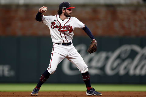 ATLANTA, GEORGIA – OCTOBER 12: Dansby Swanson #7 of the Atlanta Braves throws to first base against the Philadelphia Phillies during the third inning in game two of the National League Division Series at Truist Park on October 12, 2022 in Atlanta, Georgia. (Photo by Patrick Smith/Getty Images)