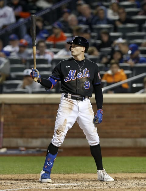 NEW YORK, NEW YORK – OCTOBER 07: (NEW YORK DAILIES OUT) Brandon Nimmo #9 of the New York Mets in action against the San Diego Padres during game one of the NL Wild Card Series at Citi Field on October 07, 2022 in the Flushing neighborhood of the Queens borough of New York City. The Padres defeated the Mets 7-1. (Photo by Jim McIsaac/Getty Images)